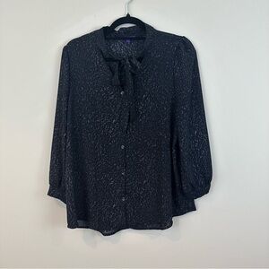 West Kei | Black Animal Print Buttoned Blouse with Tie Neck Size Large
